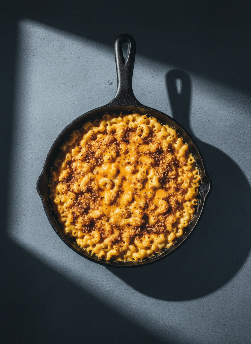 A minimalist composition featuring a rustic, cast iron skillet filled with creamy, golden mac and cheese, the surface blistered and bubbling, with textured edges hinting at melted cheddar and toasted breadcrumbs. The skillet is centered on a matte, slate-gray tabletop with nothing else in view. High-contrast, cool-toned directional lighting from the right side throws crisp, dark shadows across the surface, highlighting the bubbling cheeses and skillet’s rugged surface. Captured from a high, slightly angled overhead shot, the image exudes comfort and authenticity in a modern, photographic realism with a strong, visual punch.