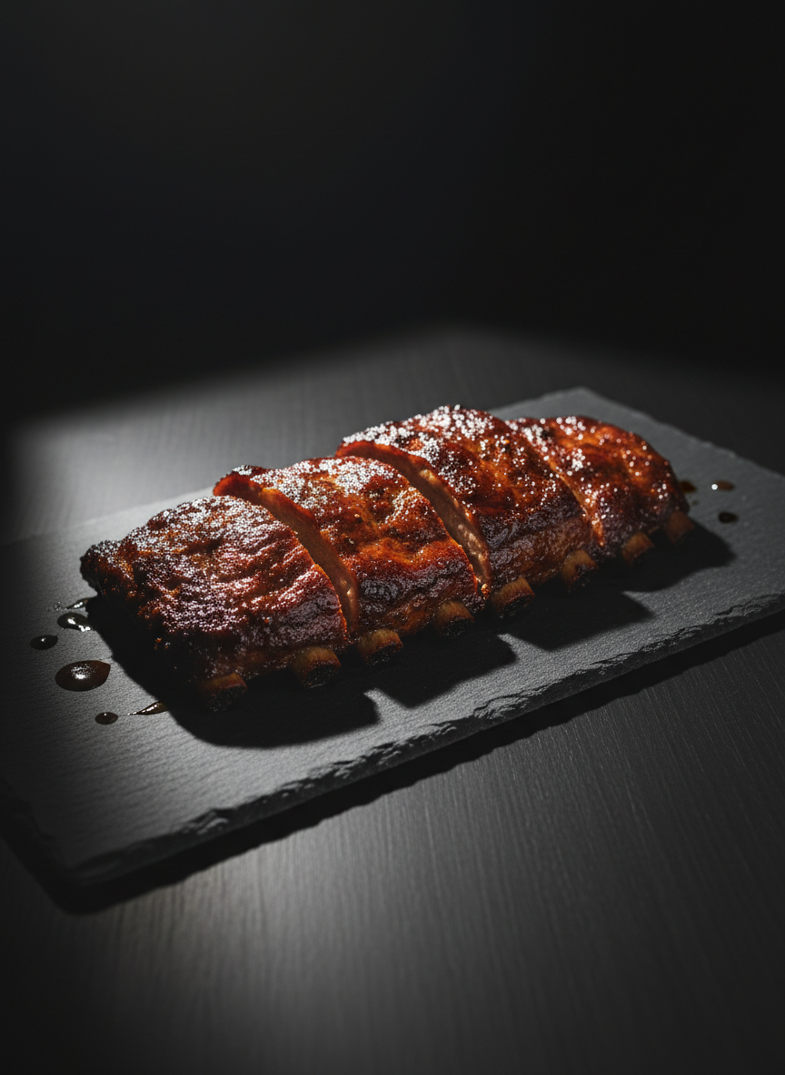 A trio of glistening smoked pork ribs, each coated in a sticky, dark mahogany barbecue glaze with charred, caramelized edges, arranged neatly on a matte slate platter. The platter sits on a minimalist, dark wooden tabletop. A single powerful directional light from the left accentuates the ribs’ glossy finish and casts dynamic, sharp shadows on the right, making the ribs dramatically pop against the subdued environment. Shot from a low, eye-level perspective for maximal impact, with razor-sharp focus and a subtly blurred background, the image evokes energy and indulgence in a clean, bold, photographic aesthetic.