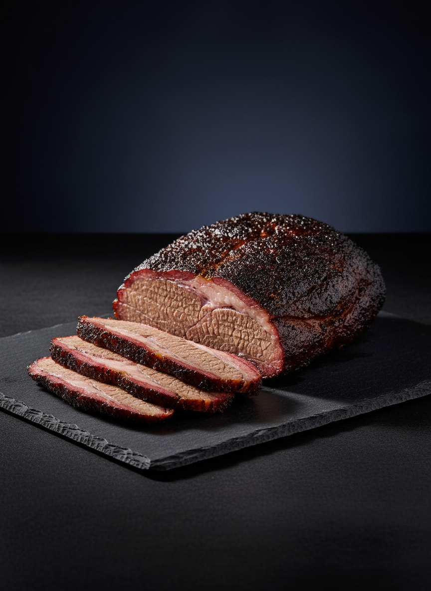 A large, perfectly smoked beef brisket with a thick bark of dark mahogany, sliced to expose its reddish smoke ring and juicy marbling. The brisket sits on a minimalist slate board placed on a matte black surface. Dramatic side lighting cuts across the meat, highlighting its moist sheen and casting bold, crisp shadows behind it. The background is an uncluttered, out-of-focus dark gradient, reinforcing the brisket’s prominence. Captured at a slightly elevated, three-quarter angle, the composition is centered and sharp, with every meat fiber distinct. The mood is bold and mouthwatering, emphasizing the craft of authentic American BBQ in a striking, photographic realism style.