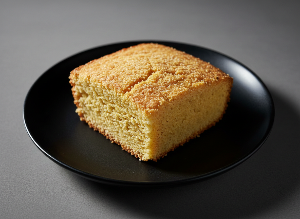 A classic Southern-style cornbread wedge with a golden, crumbly crust and slightly rough texture, dotted with flecks of cornmeal. The cornbread rests on a minimalist, jet-black ceramic plate atop a smooth grey surface. Intense overhead lighting creates crisp highlights on the cornbread’s upper edge and pronounced shadows beneath, enhancing its artisanal contours. The scene is devoid of clutter, with the background a soft, blurred neutral gradient. Photographed at a close, slightly overhead angle using shallow depth of field, the focus is exclusively on the cornbread, inviting a feeling of warmth and rustic authenticity with a bold, photographic minimalism.
